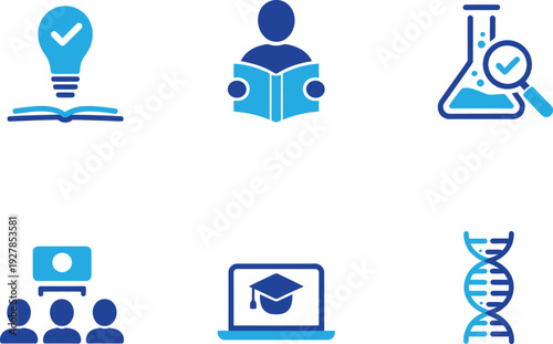Education and research icon set. Online learning, science, graduation, and classroom training. Vector illustration