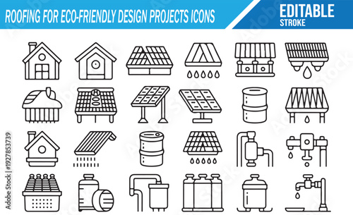 Green Architecture Roofing Icons – Solar and Insulation Set
