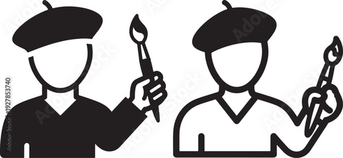 Two artists with berets and paintbrushes, one solid black and one outline, representing creativity and art, vector graphic