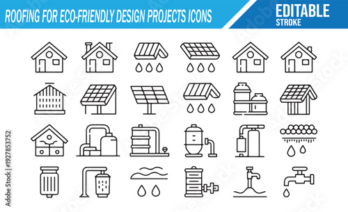 Eco Roof Design and Renewable Energy Line Icon Collection