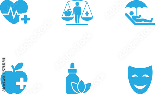 Healthy lifestyle and wellness icons. Nutrition, mental balance, relaxation, and medical care. Vector illustration