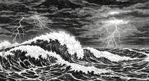 Dramatic monochrome depiction of ocean waves with lightning strikes across the sky