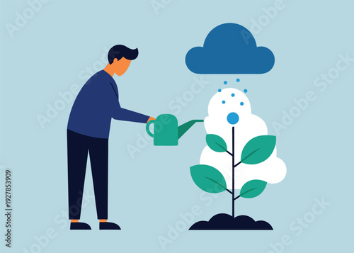 A man with a green watering can tends to a white cloud-shaped plant as a dark blue cloud rains.