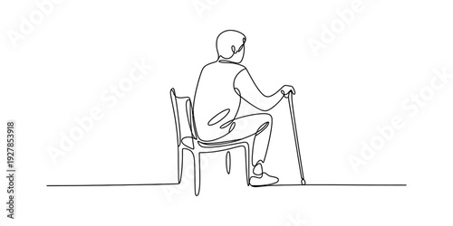 Continuous line drawing of an elderly man sitting on a chair and holding a walking stick Vector, illustration