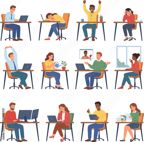 Office workers experience various emotions and activities while working vector illustration.