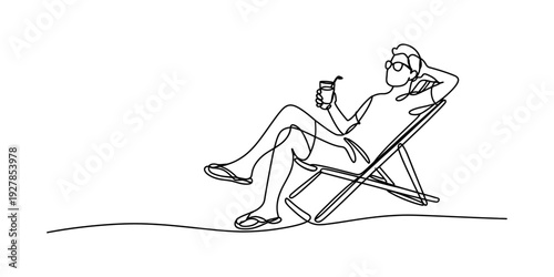 Continuous line drawing of a relaxed man sitting on a beach chair with a drink in his hand. Vector, illustration
