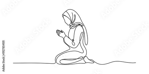 Continuous line drawing of a muslim woman in hijab kneeling and praying in supplication Vector, illustration