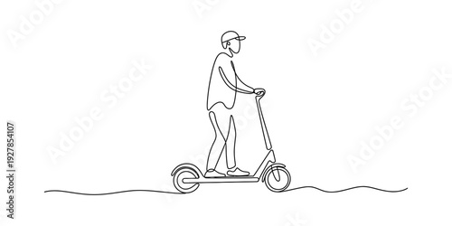 Continuous line drawing of a person riding an electric kick scooter on a flat surface Vector, illustration