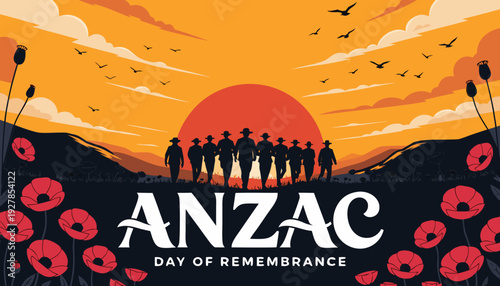 Silhouettes of soldiers walking together across a field during sunset, large glowing orange sun in the background, red poppy flowers in the foreground symbolizing remembrance, peaceful ANZAC tribute 