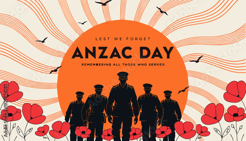 vector illustration of ANZAC Day poster, red poppy with the silhouettes of soldiers Remembrance Day Celebration. A field of red poppies