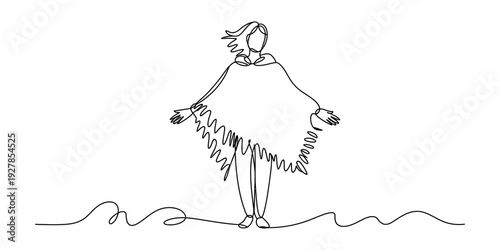 Continuous line drawing of a woman in a fringed poncho standing with arms outstretched. Vector, illustration