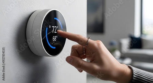 Hand Adjusting Modern Smart Thermostat on Wall.