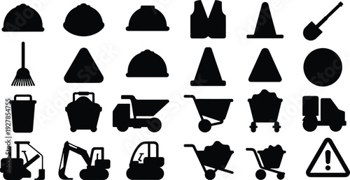 PrintConstruction equipment and safety silhouette icon collection featuring helmets, cones, trucks, excavators, wheelbarrows and warning signs isolated on white background for industrial design