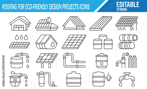 Green Building Roof and Solar Panel Installation Icons 
