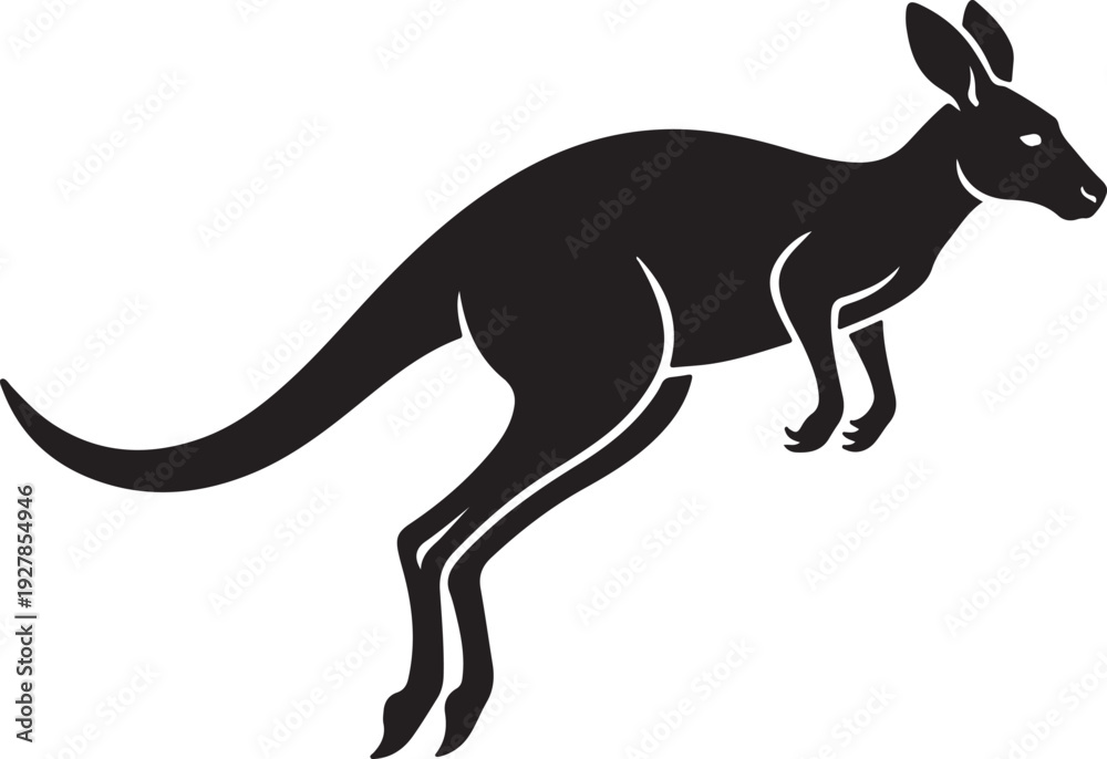 Fototapeta premium Black silhouette of a kangaroo jumping, isolated on white background