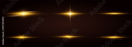 Six golden light flare effects with horizontal and starburst shapes on a dark brown background