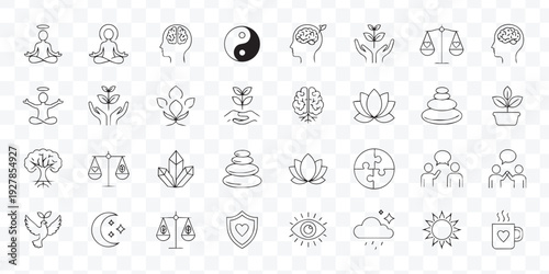 Mindfulness and Wellness Line Icons Set Yoga, Meditation, Nature, Balance, Zen, Mental Health, Growth, Spirituality