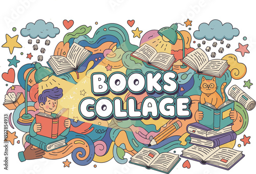 Whimsical Books Collage Celebrating Reading, Imagination, Knowledge, Creativity, Cats, Stars, Hearts, Clouds, Lamps, Pencils, and Abstract Patterns