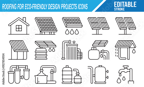 Eco Friendly Roofing Icons Set – Sustainable Construction, Green Building Materials, Solar Panel Installation and Energy Efficient Roof Line Vector Collection