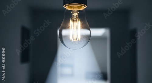 Illuminated Light Bulb Hanging in Dark Room.