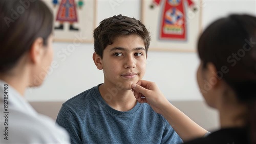 Young Hispanic Male Engaged in Interaction with Adults in Casual Setting
