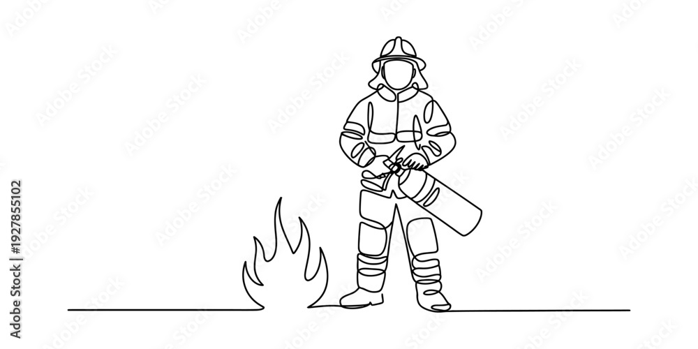 Obraz premium Single line drawing of a brave firefighter holding an extinguisher to put out a fire Vector, illustration