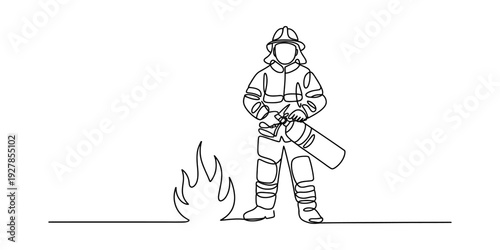 Single line drawing of a brave firefighter holding an extinguisher to put out a fire Vector, illustration