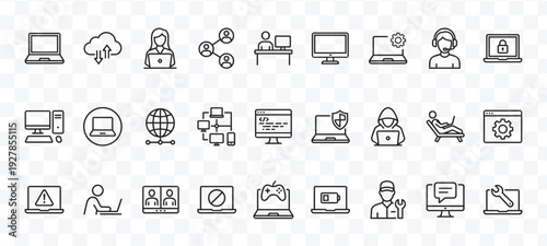 Modern Tech and Computing Line Icons Set Laptops, Desktops, Network, IT Support, Security, Development Vector Collection