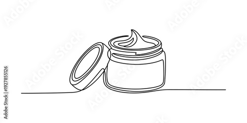 Continuous line drawing of an open cosmetic jar with a swirl of cream inside and a lid. Vector, illustration