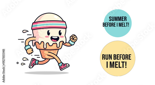 A cute cartoon ice cream cone character with a headband and sneakers is running quickly, with text bubbles saying 'SUMMER BEFORE I MELT!' and 'RUN BEFORE I MELT!'.