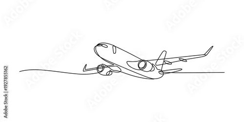 Continuous line drawing of a commercial airplane taking off into the sky on a white background. Vector, illustration
