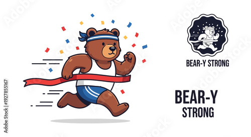 A cute cartoon bear mascot wearing a blue headband and running gear, breaking a red finish line tape with colorful confetti, next to a 'BEAR-Y STRONG' logo.