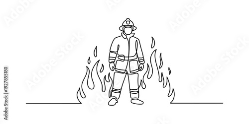 Continuous line drawing of a brave firefighter standing in front of burning flames. Vector, illustration