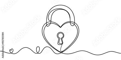 Minimalist continuous line art heart shaped lock illustration