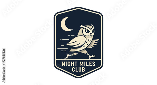A dark blue emblem featuring a running owl under a crescent moon with 'NIGHT MILES CLUB' text, designed in a cartoon style.
