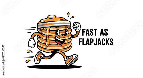 Cartoon illustration of a stack of pancakes with butter and syrup, wearing a headband and running shoes, depicted in motion with the text 'FAST AS FLAPJACKS'.