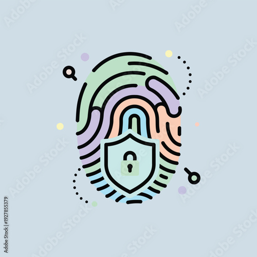 Vector illustration of colorful illustration of a fingerprint with a shield and key, symbolizing security and protection