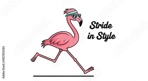 A cartoon pink flamingo wearing a blue headband and sunglasses, running with the text 'Stride in Style' next to it.