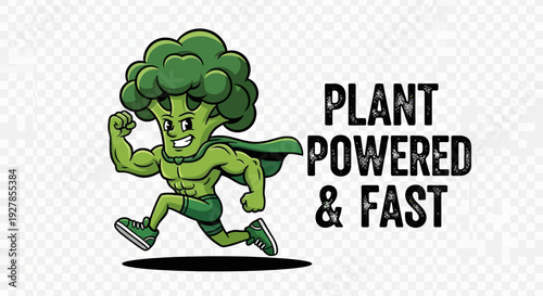 A cartoon illustration of a muscular, running broccoli superhero with a green cape, promoting plant-powered speed and health.