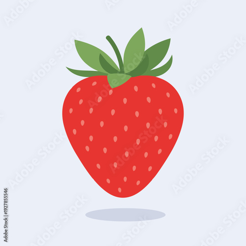 Vector illustration of a vibrant red strawberry with green leaves on top against a light blue background