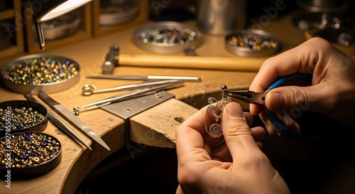Jeweler Assembling Watch Components on Workbench.