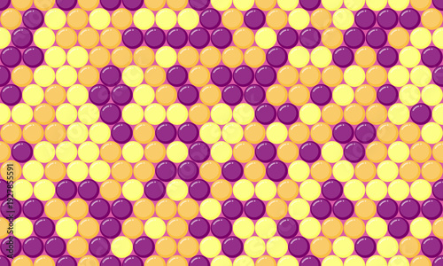 Abstract vibrant pattern of yellow and purple circles arranged in a dynamic, repeating design.  Perfect for backgrounds, textures, website design, or playful branding.