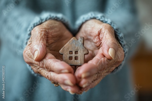 Elderly hands cradling a small wooden house, symbolizing home, care, and security.