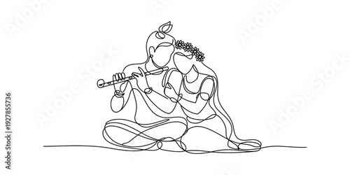 Minimalist one line drawing of lord krishna playing flute while radha sits beside him Vector, illustration