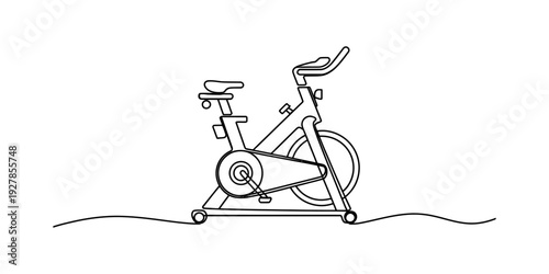 Minimalistic black and white line drawing of a stationary indoor exercise bike on a simple ground line. Vector, illustration
