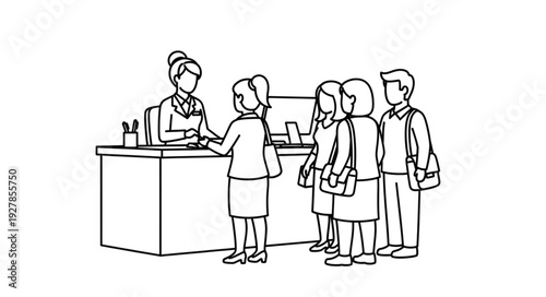 Receptionist Assisting Clients at Desk.