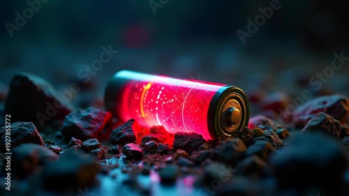 Glowing battery on dark ground with golden sparks and bokeh particles, renewable energy, battery recycling