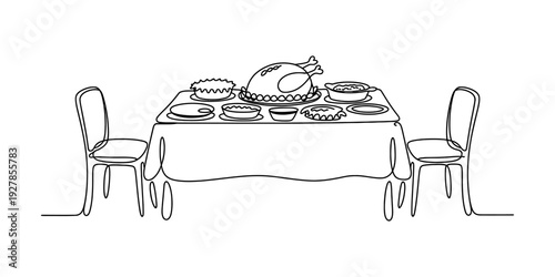 One line art illustration of a festive dinner table with a roast turkey and various side dishes. Vector, illustration