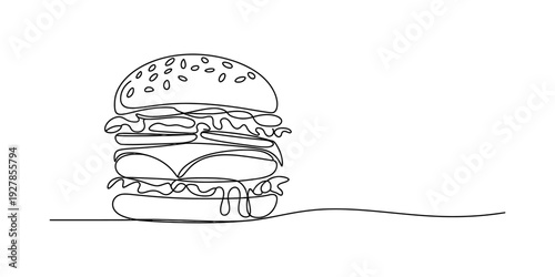 A simple continuous line drawing of a delicious double cheeseburger with sesame seeds. Vector, illustration