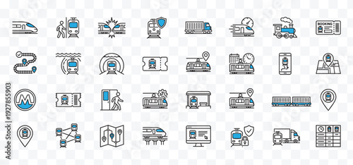 Modern Train and Public Transport Line Icons Metro, Tram, Speed, Travel, Logistics and Safety